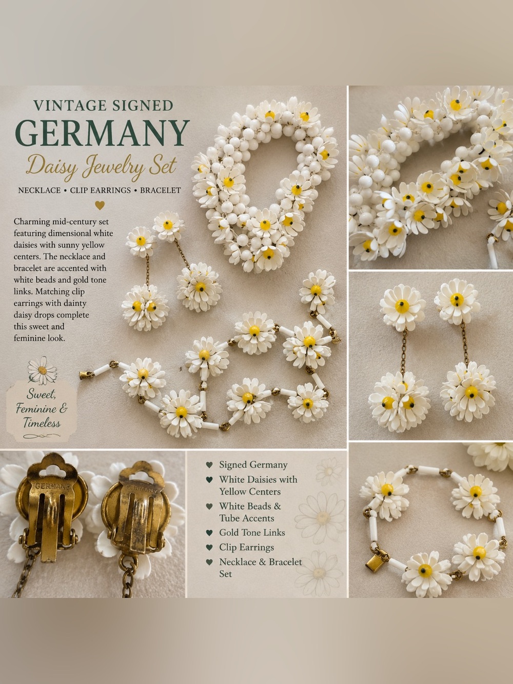 White Daisy Necklace & Bracelet Set with Clip Earrings
